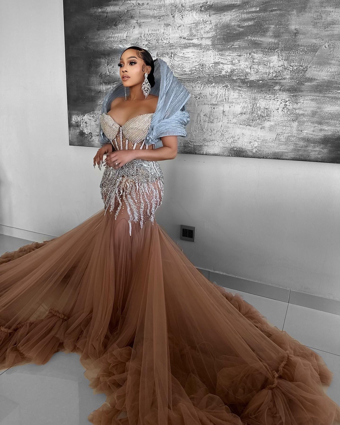 2024 Plus Size Champagne Mermaid Prom Dresses For Special Occasions Lace Beaded Crystals Transparent Evening Party Birthday Gowns Dress For Women Vest