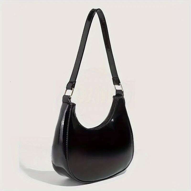 1pc Elegant Women'S Patent Faux Leather Hobo Bag, Solid Color Underarm Shoulder Bag with Zipper Closure, Synthetic ing, Edge Woven, Fashionable S