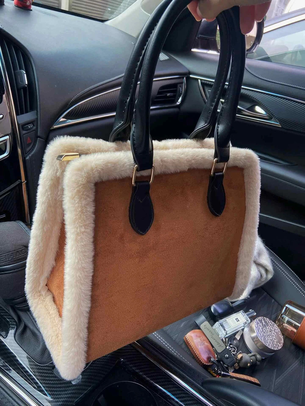 Lamb Wool Spliced Handbag Autumn Winter Large Capacity Tote Bag Korean Female Retro Suede Shoulder Crossbody Bags 241114