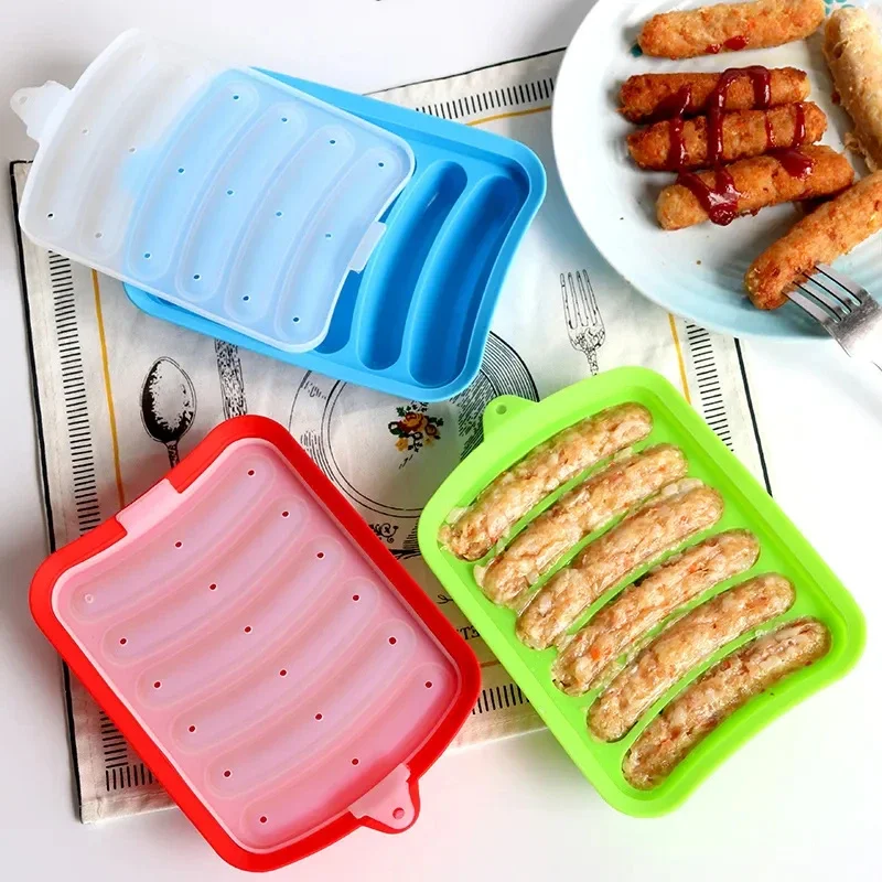 Silicone Hamburger Hot Dog Making Tray with Lid Food Grade Sausage Mold Handmade Children Food Machine Kitchen Cooking Gadgets