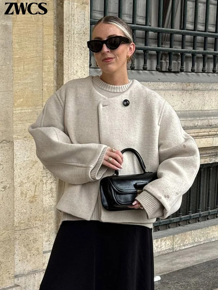 Elegant Short Woolen Coat Loose One Button Oneck Long Sleeve Jackets 2024 Autumn Winter Female Chic Streetwear 241113