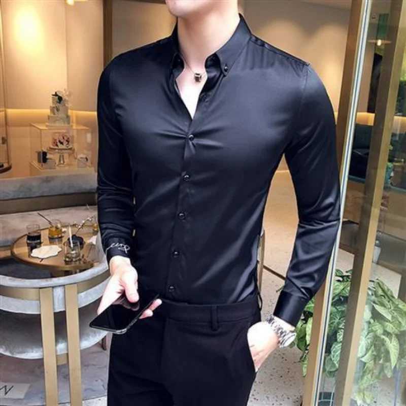 Plain Long Sleeve Shirts and Blouses for Men Business Silk Summer Button Man Tops Fashion 2024 Social High Quality Clothing S IXJ24113