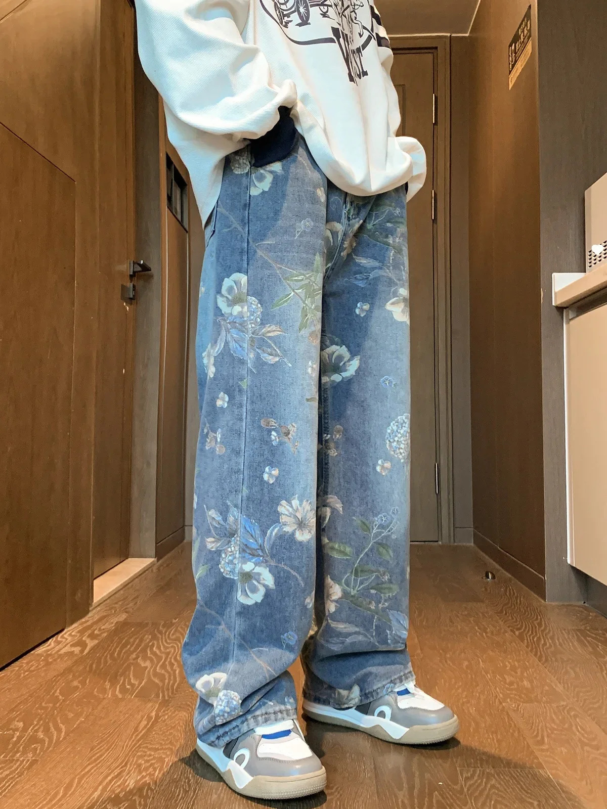 American Style Street Printing Jeans For Men Loose Fit Versatile n Sensibility Bell Bottoms Casual Scene Autumn Trendy 241112