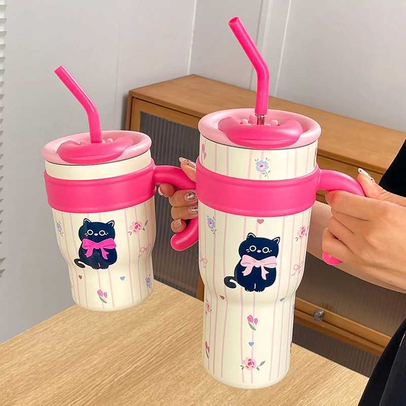 700ML/1.2L with handle cover cute cat hot cup stainless steel water bottle outdoor travel cart coffee g gift Y241114