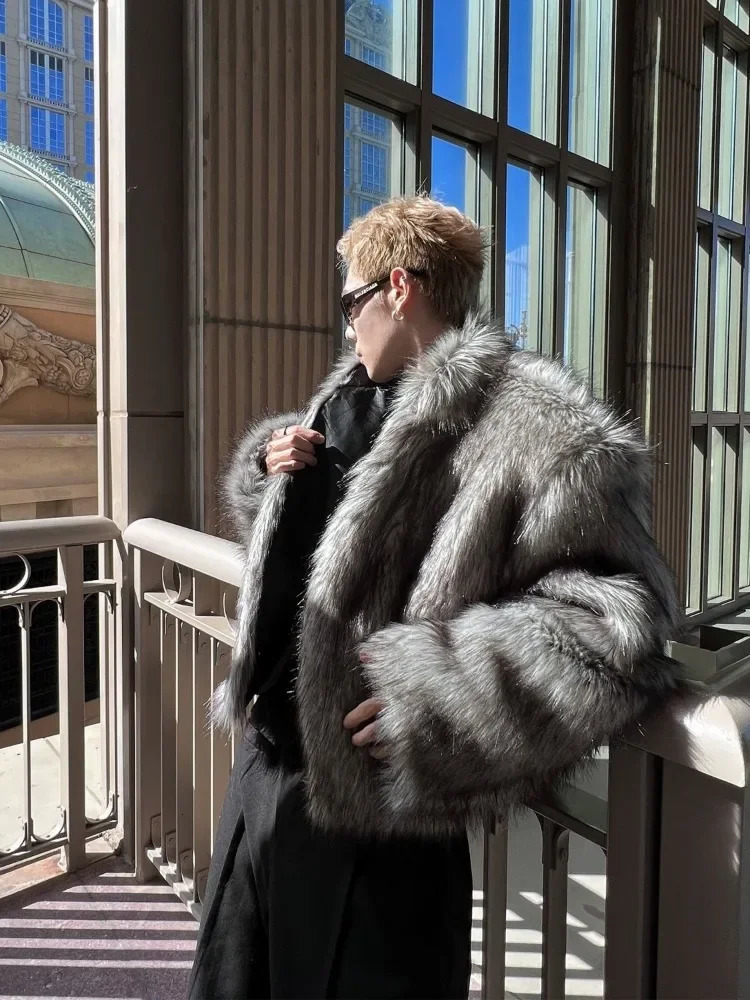 Korean fashion fox hair mens jacket street silver fox fur short thick casual winter street clothing warm faux fur coat 241113