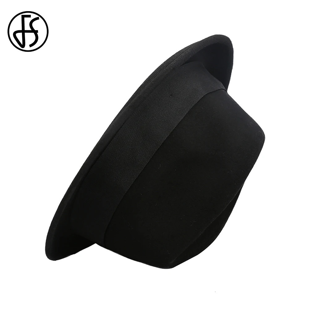 FS Vintage Black Pork Pie Hats Men Unisex Church Jazz Hat Gentlemen Wool Felt Fedoras Ribbon Trilby Panama Gangsters Cap 240412