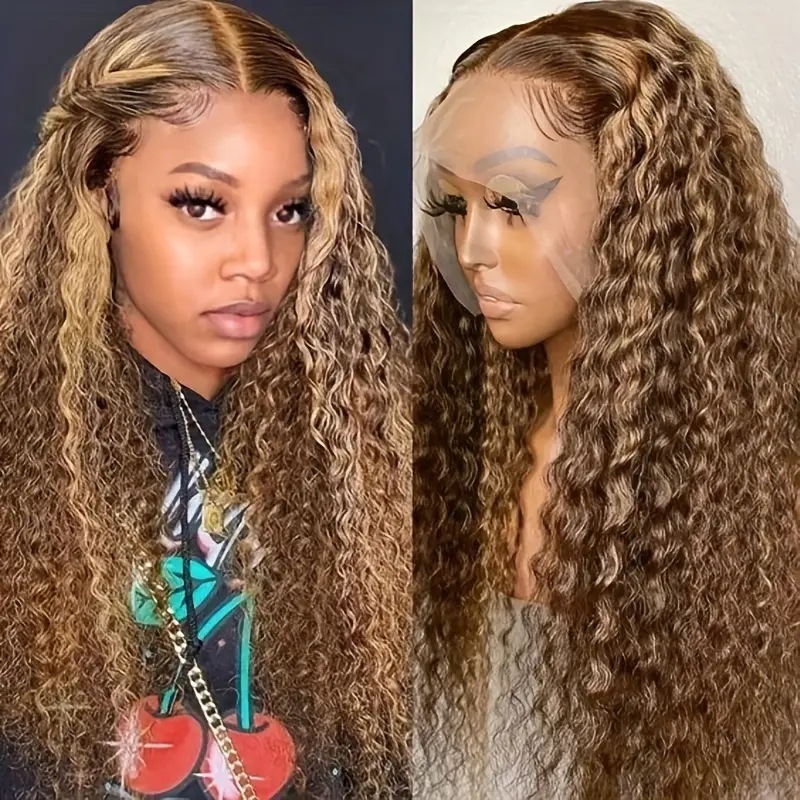 13x4 Deep Wave Lace Front Brazilian Kinky Curly Highilght Blonde Colored Simulation Human hair Wig cheaper Synthetic Heat Resistant Wig For Women Body