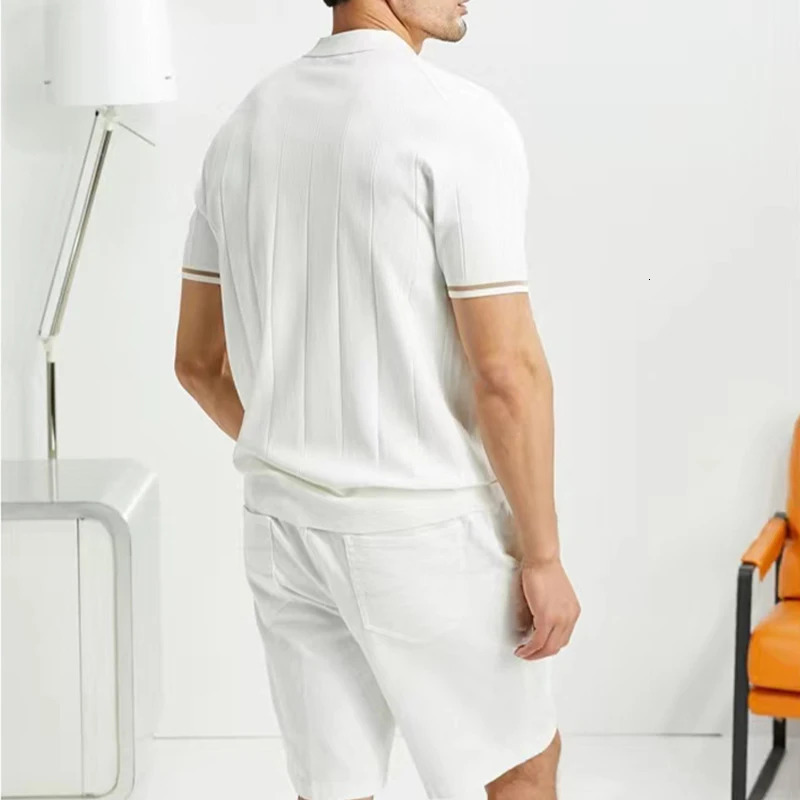 Summer mens clothing lapel zipper polo shirt fashionable business casual vertical line loose solid short sleeved thin top 2024 241113