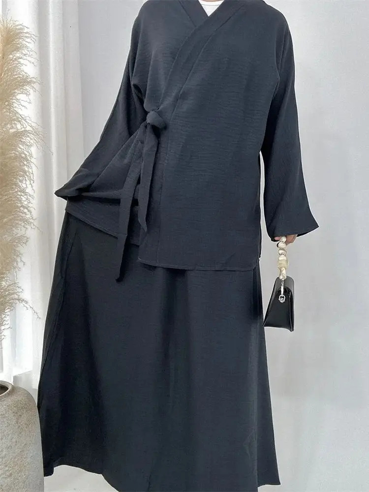 Eid Plain 2 Piece Abaya Set Tops Skirt Modest Muslim Sets Abayas For Women Clothing Robe Caftan Marocain Femme Musulmane Kaftan 241114
