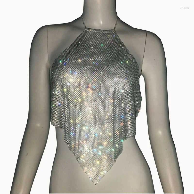 Women's Tanks Shiny Diamond Tank Top Crystal Rhinestone Halter Low Out Backless Crop Tops Sexy Nightclub Y2K Festival Rave Party Camis
