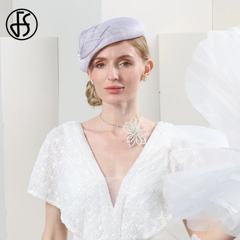 FS Literary Versatile Beret Light Gray Sinamay Hats Fascinators For Women Elegant Cocktail Party Headdress Lady Cap 240412