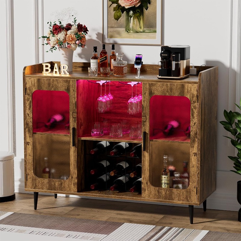 Liquor Cabinet Bar with LED Light - Wine Rack, Coffee Bar, and Storage Shelf for Dining Room