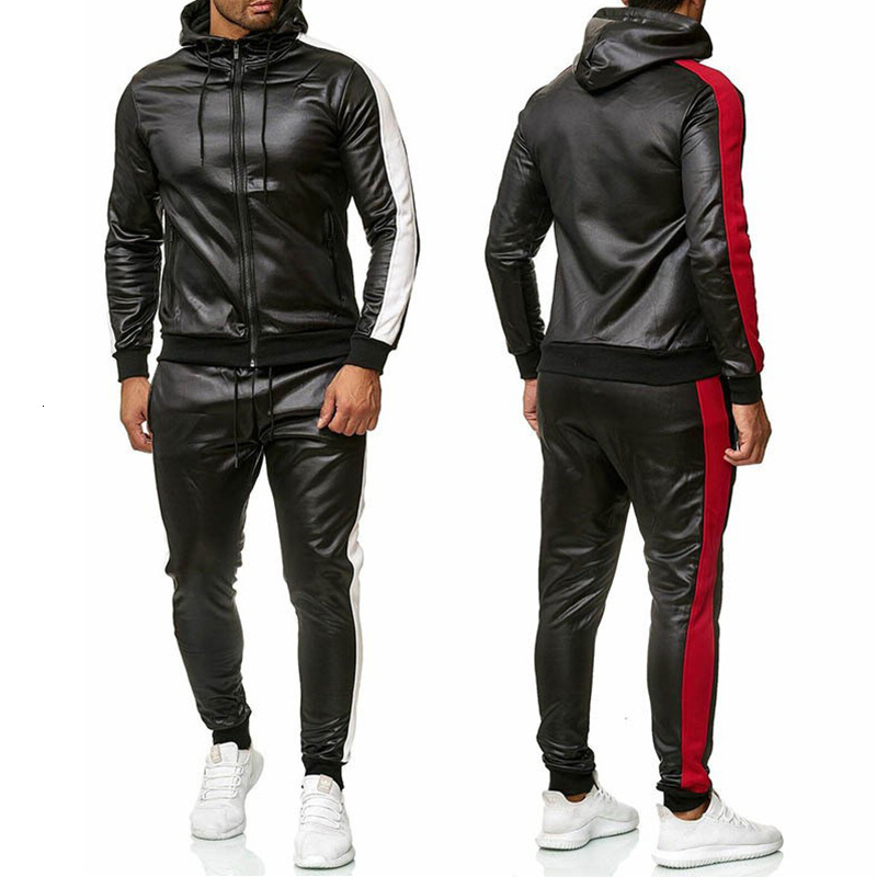 European cross-border autumn and winter men's hooded set with PU leather jacket for sports, slow running, and leisure. Two piece set for foreign 
