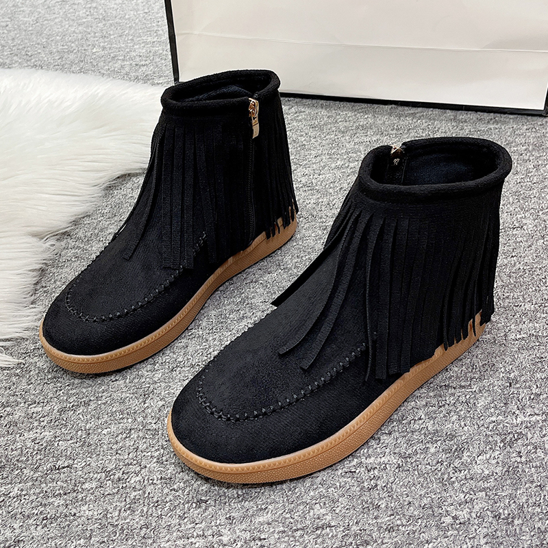 Winter women's new tassel boots, short leg side zipper low heel sponge sole, thick suede women's shoes