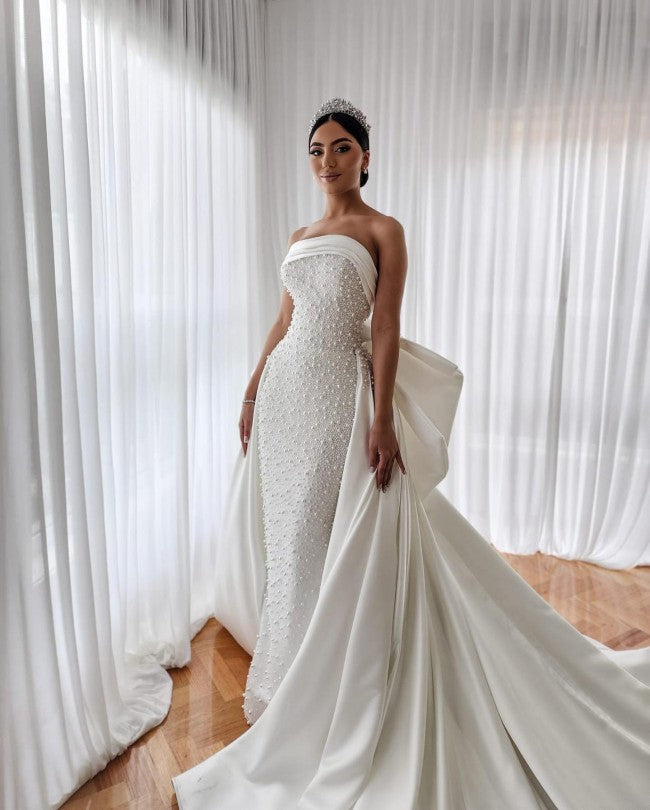 Luxury One Shoulder Wedding Dresses Beaded Pearls Bridal Gown Full Sleeve Formal Gowns Mermaid Evenings Dresses for Weddings Robes De Mariee 01