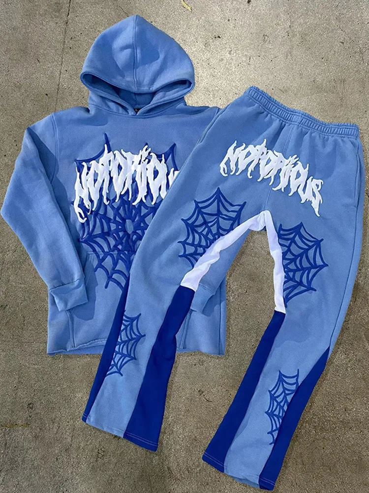 Mens Printed Hoodie Bell Pants Suit Twopiece Y2k Street Sports Hooded Sweatshirt Straight Trousers Fashion Tracksuits 241111