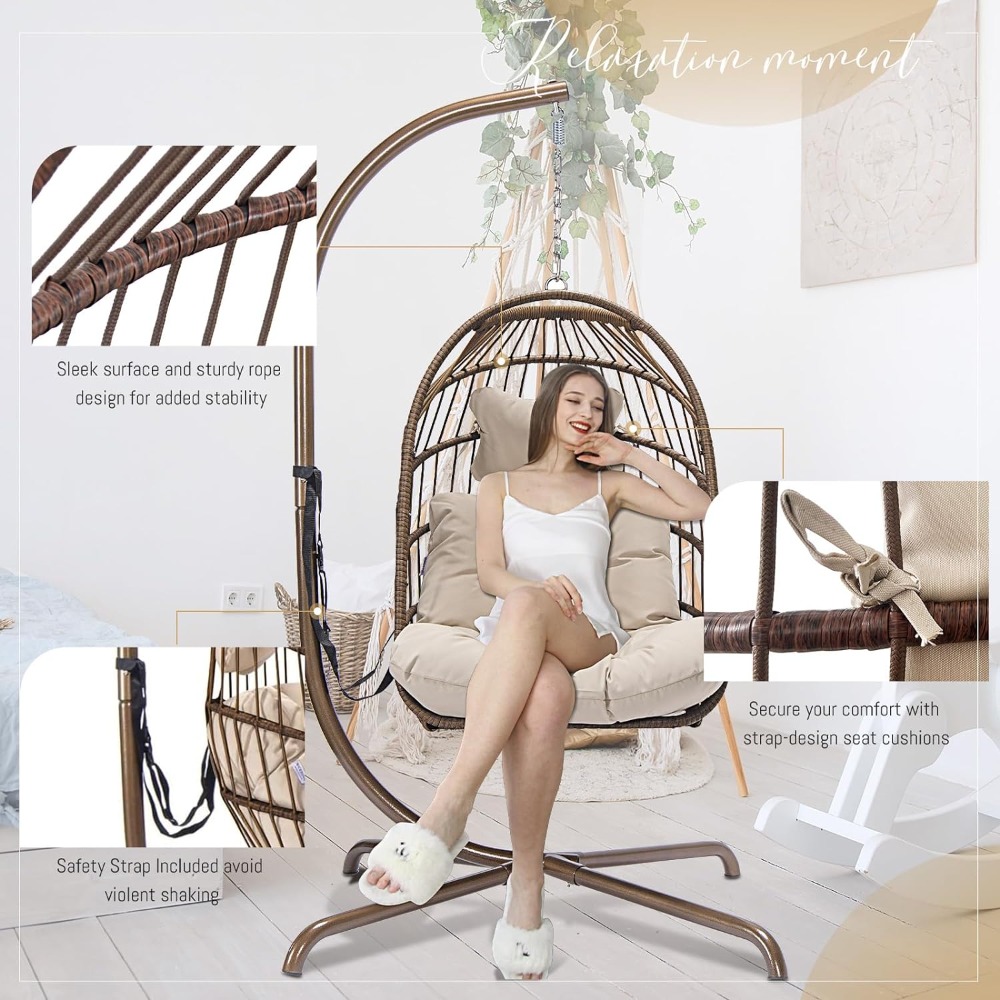 Swing Egg Chair with Stand Wicker Rattan Patio Basket Hanging Chair with Bedroom Balcony Patio Hanging Basket Chair Hammock