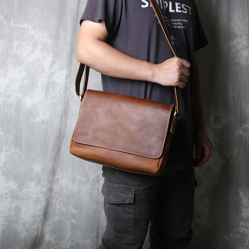 Retro Mens Genuine Leather Oneshoulder Bag Head Layer Cowhide Cross Style Large Capacity Casual Messenger 241111