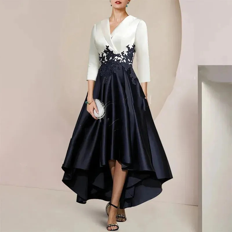 High Low White Black Mother of the Bride Dress V-Neck 3/4 Sleeves Satin Lace Appliques A-Line Wedding Guest Party Skirt for Women Formal Prom Gowns
