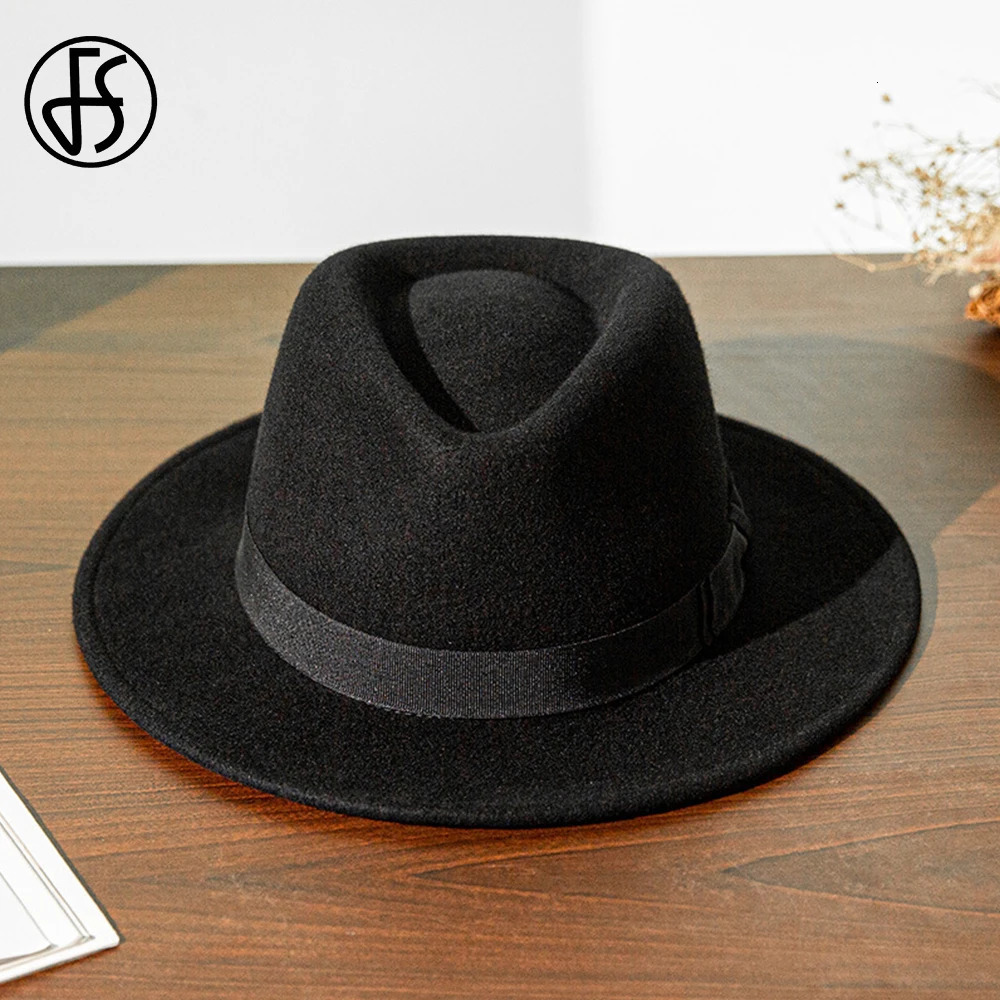 FS French Gentleman Black Jazz Hats for Men With Ribbon Panama Cap Wool Felt Fedoras Wedding Party Trilby Hat Women Unisex 240412