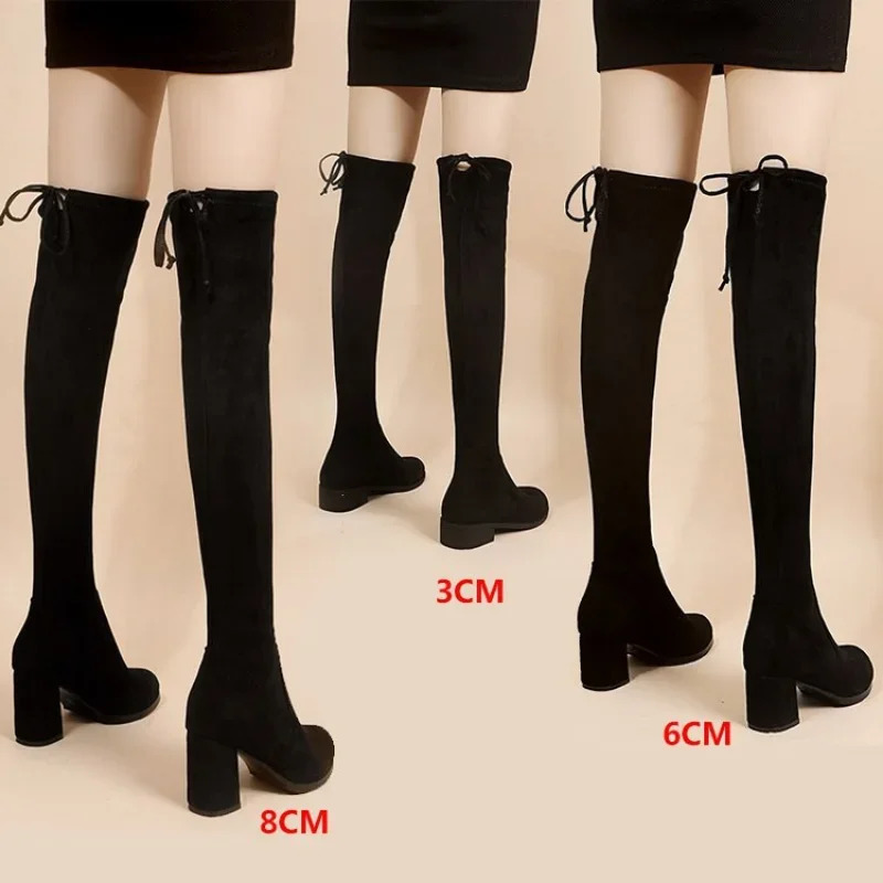 Artificial suede womens high heels autumn zipper elastic knee high boots womens tube tied high heels black Botas Mujer 241113