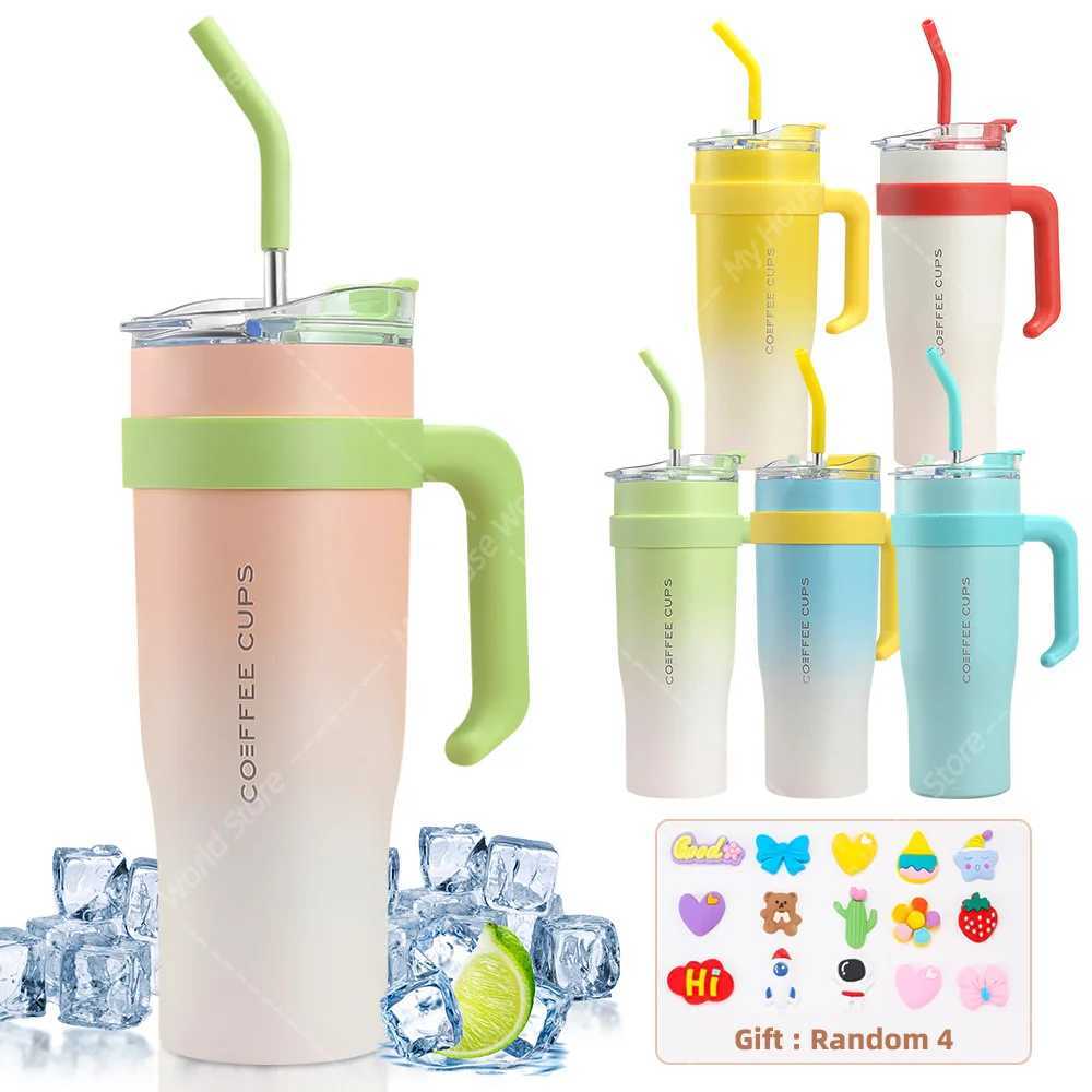 40 oz stainless steel hot bottle with handle straw gradient large capacity coffee cup inflatable hot bottle g Y241114