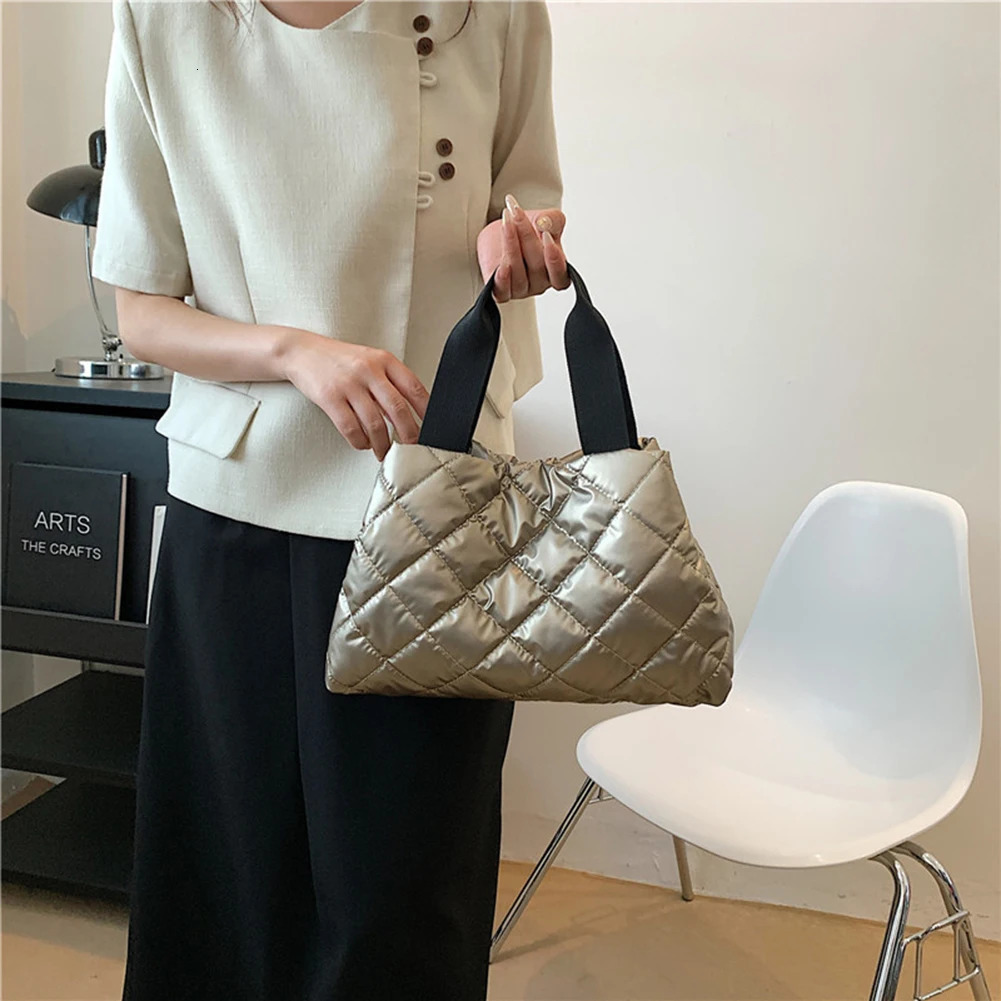 Women Quilted Hobo Handbag Puffer Shoulder Bag Large Capacity Top-handle Bag Soft Solid Color Padded Bag Cotton Girls Winter Bag 241114