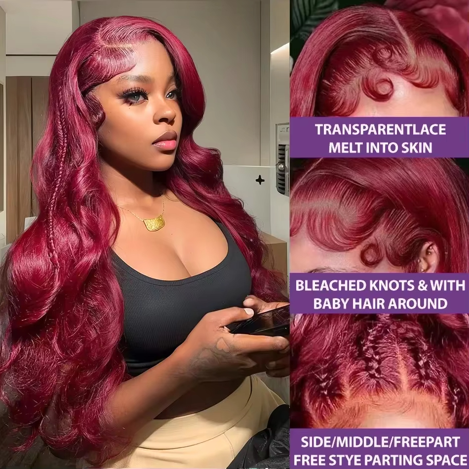 Burgundy Human Hair Water Wave 13x4 Lace Front Wig Highlight Hd Lace Human Hair Wigs for Women Transparent Lace Closure Straight Wig Preplucked Free S
