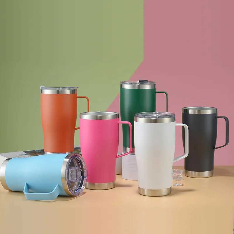 304 stainless steel hot water bottle vacuum double wall handle cup simple solid color coffee cup with lid 20oz water bottle Y241114