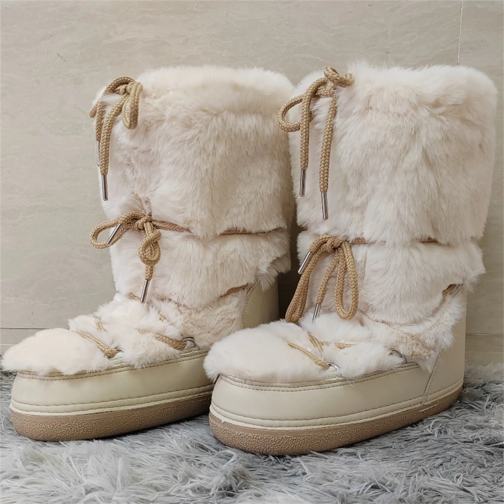 Womens artificial fur leather boots with middle claw strap waterproof platform snow boots for winter warm and comfortable womens pink ski boots 241113