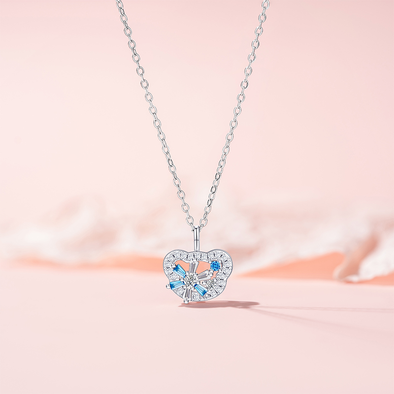 Original Design Winter Sequence Small Crystals Necklace - Women's Bear Motif Pendant with Zirconia and Stainless Steel Choker