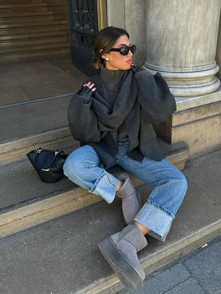 Fashion Scarf Collar Woolen Blends Jacket Elegant Long Sleeve Split Hem Loose Short Coats Winter Outerwears 241108