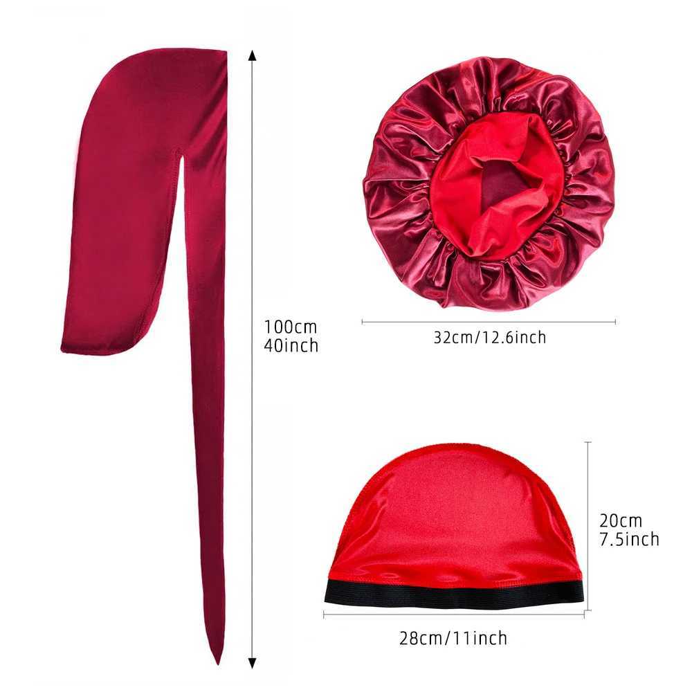 Neutral womens silk satin hat 3-piece set Durag Bonnet silk Durags Bandanas mens turbo hat long tail sleep shower hat W241113
