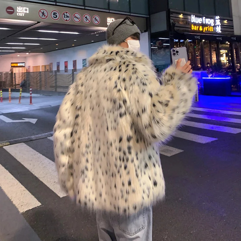 Autumn and winter ultra thick warm color printed fluffy synthetic fur leather jacket long sleeved loose casual synthetic jacket for men F67 241113