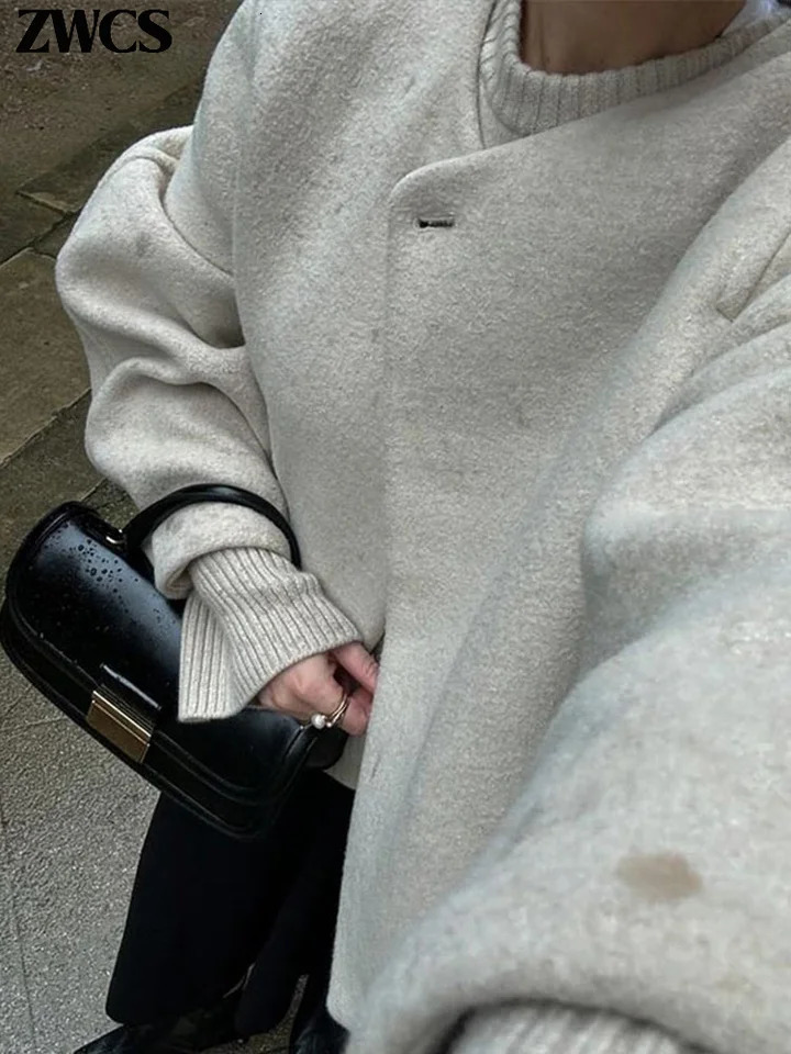 Elegant Short Woolen Coat Loose One Button Oneck Long Sleeve Jackets 2024 Autumn Winter Female Chic Streetwear 241113