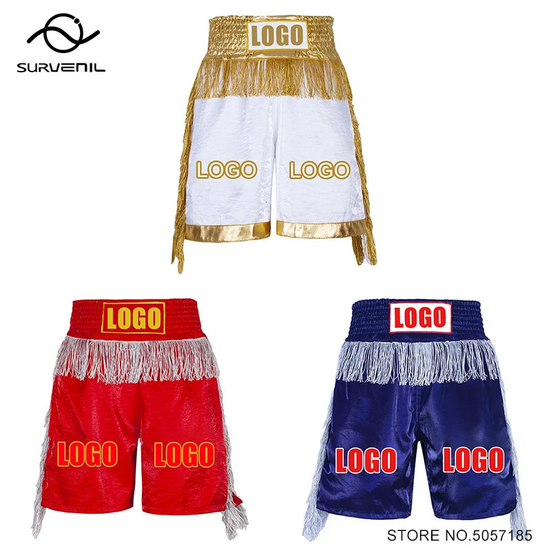 Personalized Boxing Shorts Mens and Womens rens Tassel Satin Muay Thai Fighting Pants MMA Fighting Taekwondo Training Luggage Customization 241113