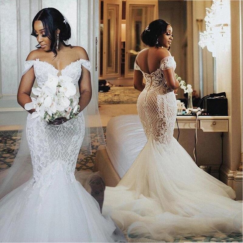 Africa Dubai White Floral Appliques Fish Bridal Gowns Plus Size Sheer Nude Tulle Long Sleeves Satin Mermaid Wedding Dresses Plus Size 01