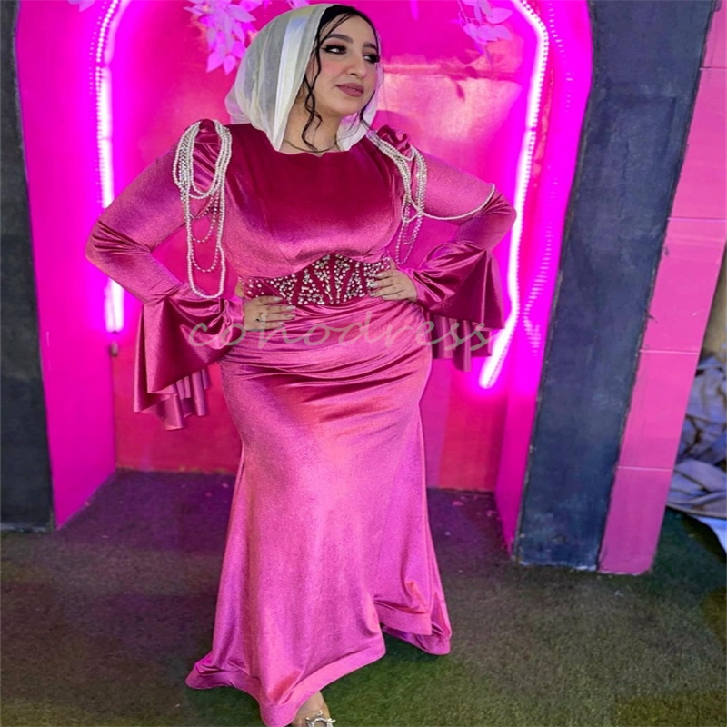 Hot Pink Arabian Evening Dress Plus Size Memaid Prom Dresses Muslim Long Sleeve Engagement Reception Formal Party Moroccan Robe De Soiree 2025