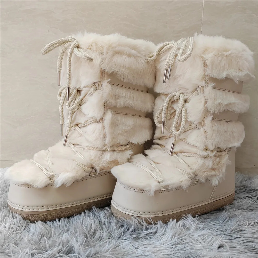 Womens artificial fur leather boots with middle claw strap waterproof platform snow boots for winter warm and comfortable womens pink ski boots 241113