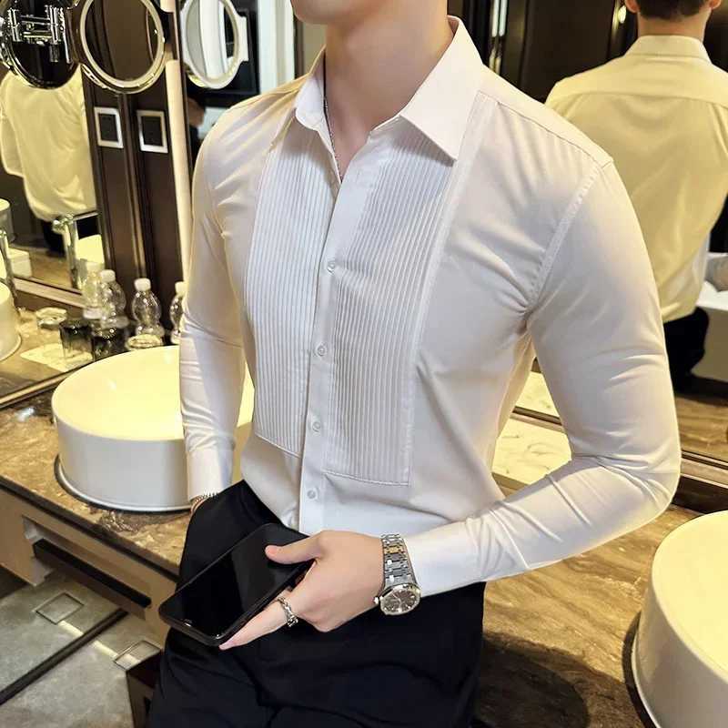 Groom Wedding Party Dress Shirt Mens Fashion Pleated Design Slim Fit Shirt Men Formal Long Sleeved Social Business TailcoatXJ24113