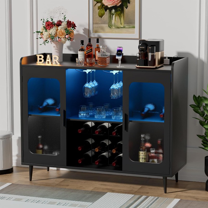 Liquor Cabinet Bar with LED Light - Wine Rack, Coffee Bar, and Storage Shelf for Dining Room