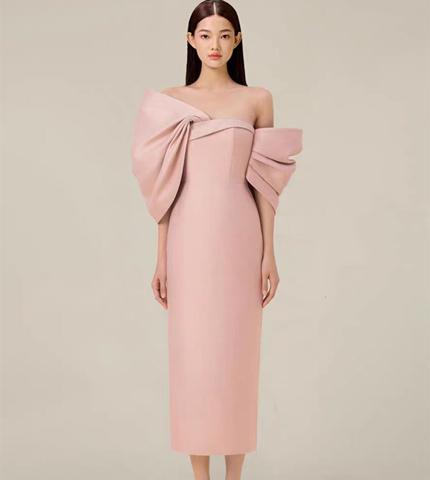 New Runway Fashion Summer Prom Party Pencil Dress French Women Sexy Off The Shoulder Back Large Bow Bodycon Split Midi Vestidos