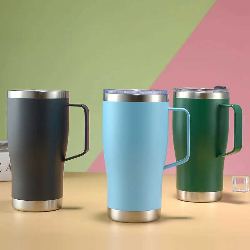 304 stainless steel hot water bottle vacuum double wall handle cup simple solid color coffee cup with lid 20oz water bottle Y241114