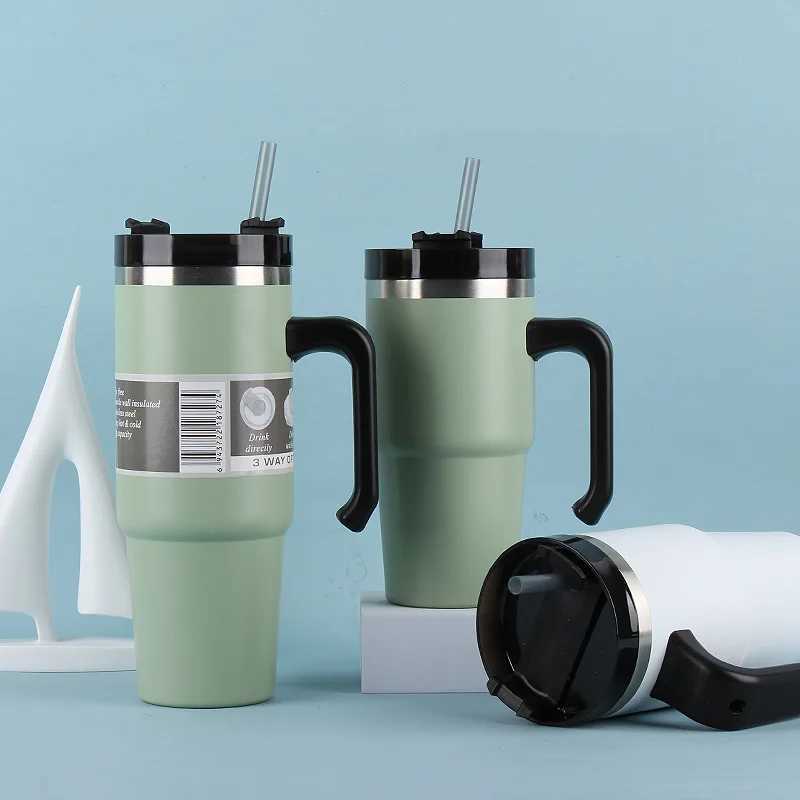 20oz/30oz stainless steel car hot water bottle travel sports water bottle large capacity with handle straw g outdoor coffee cup Y241114