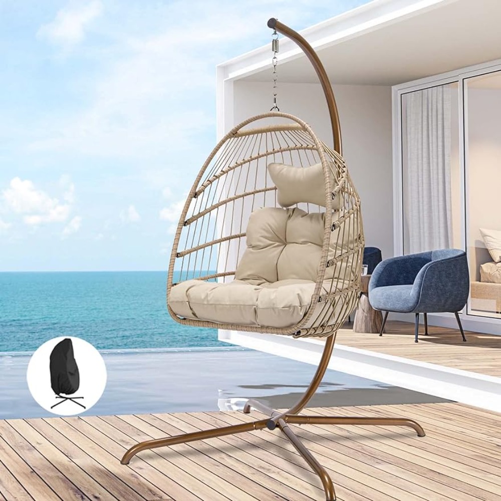 Swing Egg Chair with Stand Wicker Rattan Patio Basket Hanging Chair with Bedroom Balcony Patio Hanging Basket Chair Hammock