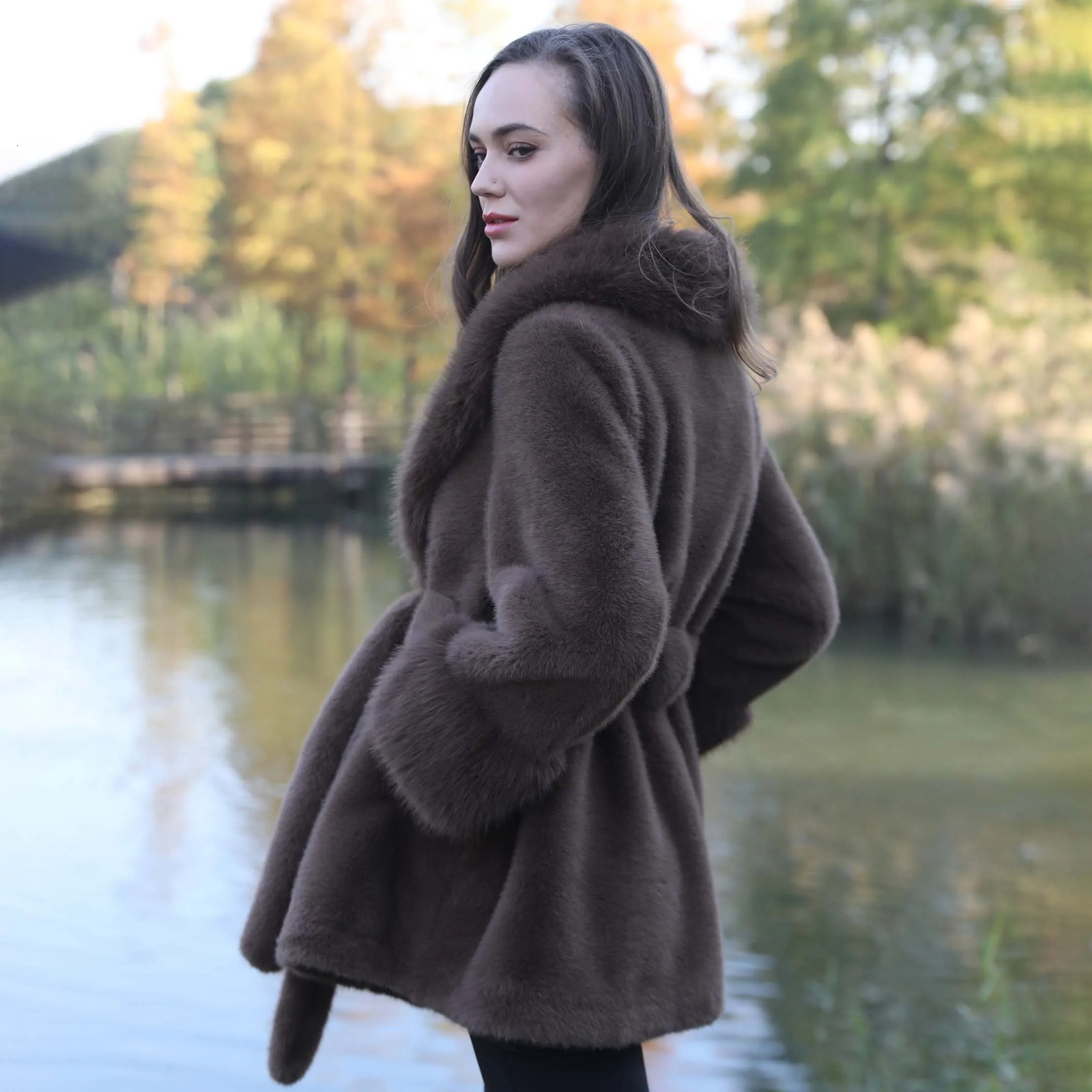 Womens vegan mink coat adult made fur collar jacket skiing style fast 241113