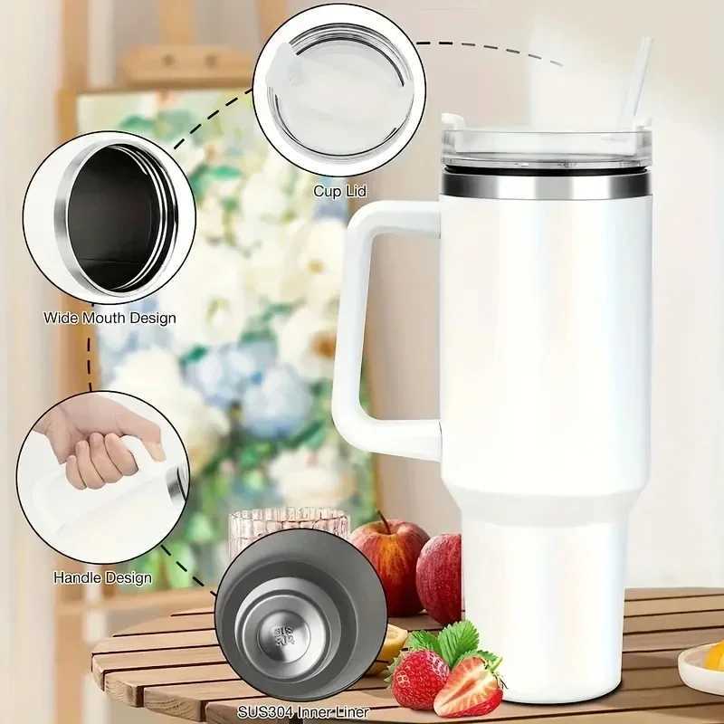 40oz stainless steel water bottle car coffee g Personalized with handle Lid straw vacuum hot cup Y241114