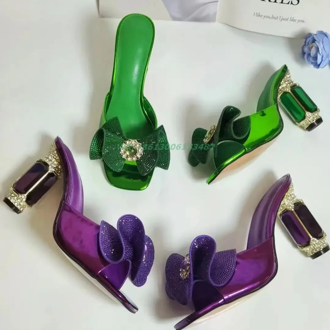 Jade Diamond Candy Bow Womens Dress High Heels Slide Toe Jewelry Water Diamond Outdoor Slide 241113