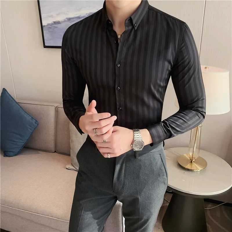 Spring Autumn Mens Long Sleeve Striped Shirt Casual Slim Fit Business Button-Down Shirts Classic Formal Dress ShirtXJ24113