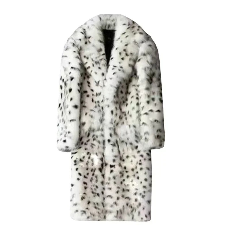 Leopard Mens Winter Thick Hooded Artificial Fox Fur Coat Long Sleeve Warm Fur Black Park Bontjas Fur Hairy Coat 241113